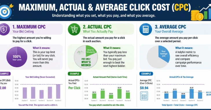 Maximum, Actual, and Average Click Cost